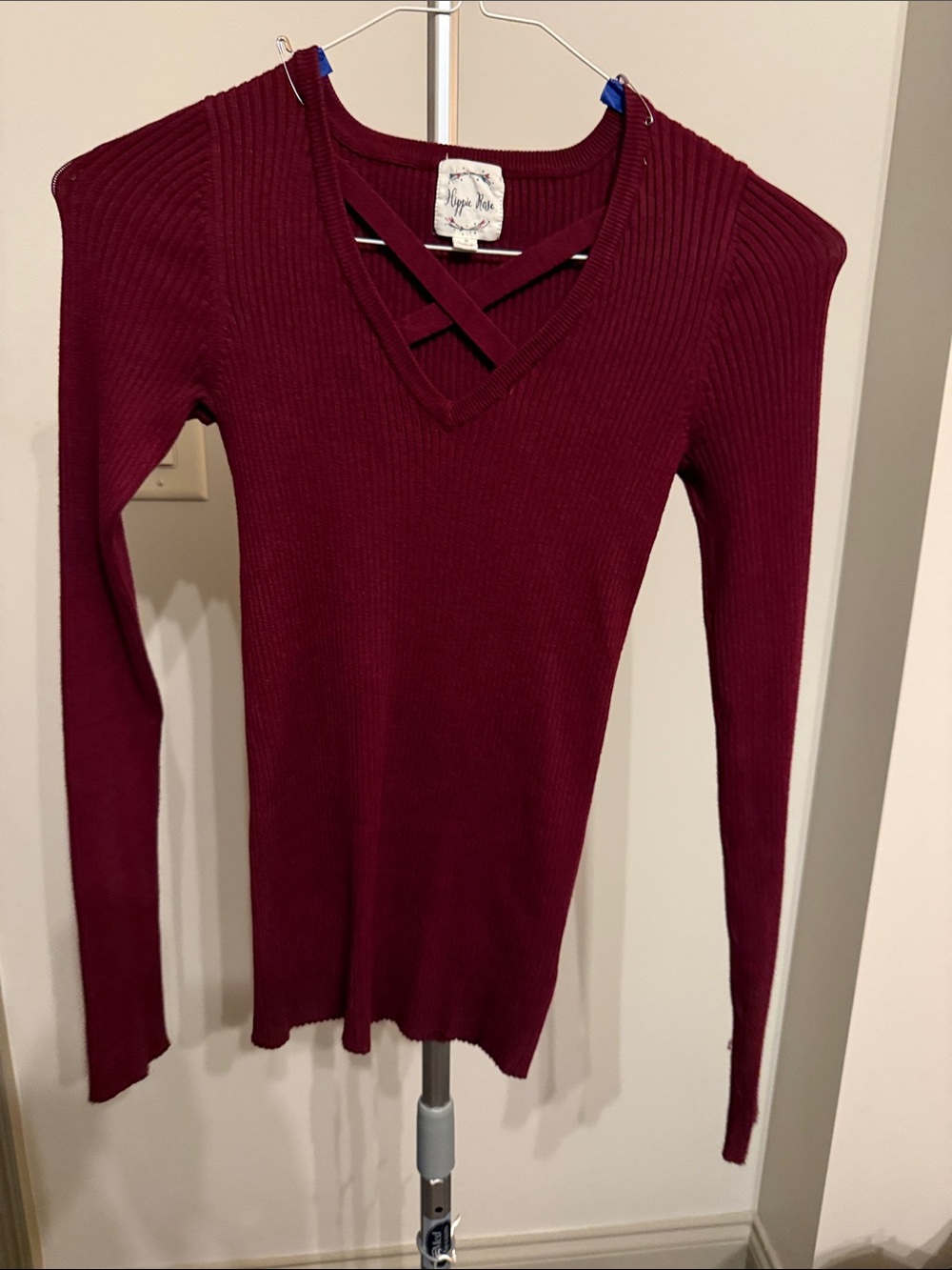 Hippie Rose Burgundy Ribbed Long Sleeve V-Neck Top with Crisscross